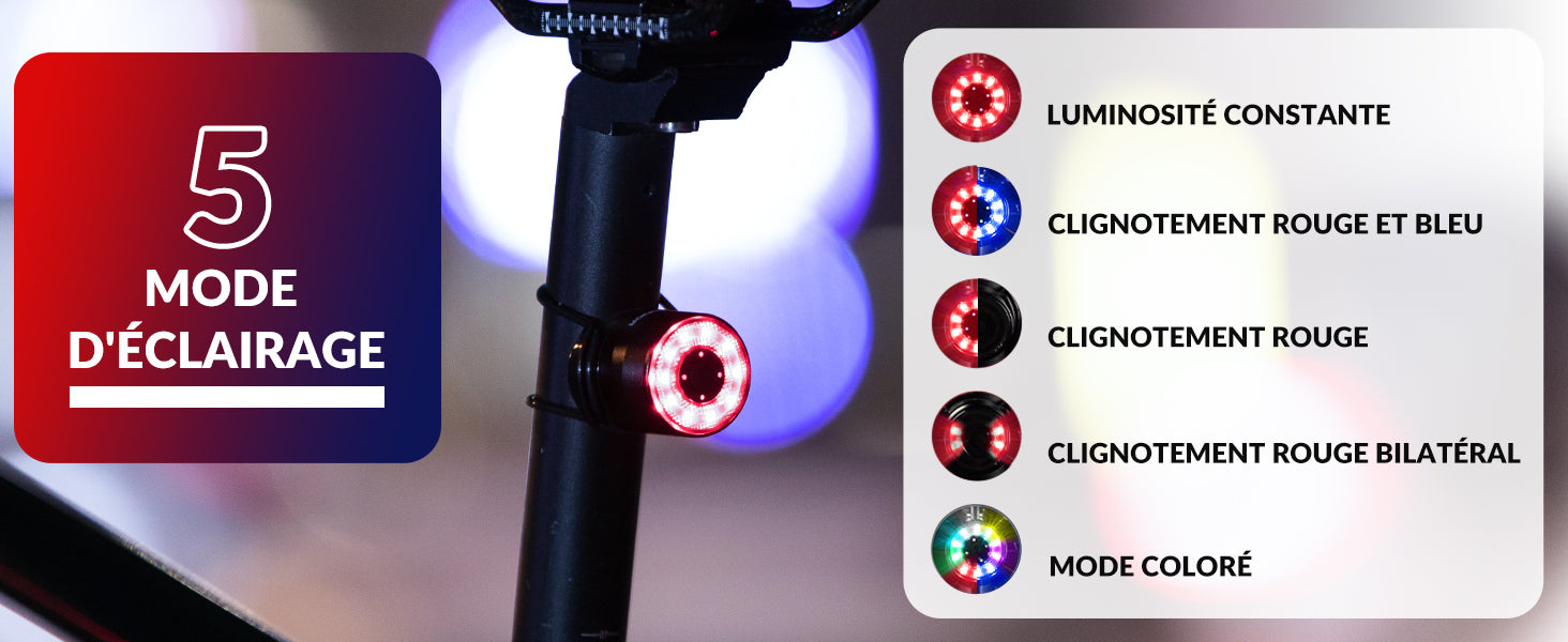 Détails des 5 modes d'éclairage du feu arrière pour vélo Colorly